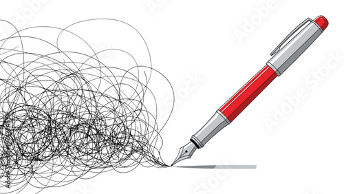Red fountain pen creates a complex and chaotic mess of black scribbled lines representing a flow of creative ideas.