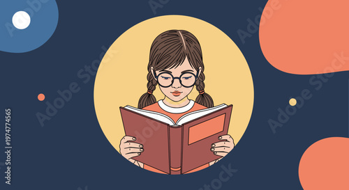 Young girl with glasses and pigtails is deeply focused on reading an interesting book within a circular frame design.