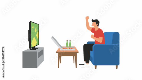Man Watching Television and Cheering on Armchair Illustration