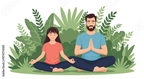 Calm father and his young daughter sit in a lotus position and meditate together in a lush green outdoor environment.