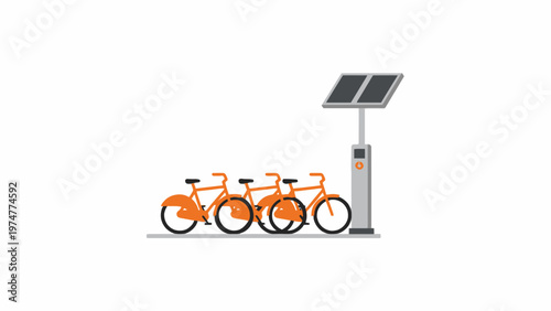 Bike sharing station with orange bicycles and solar panels