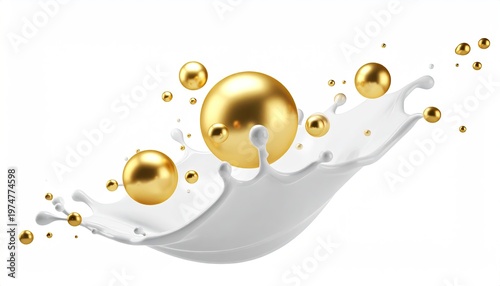 Luxurious Golden Spheres and Beads Bursting from White Liquid Splash.