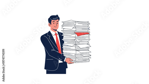 Businessman in a formal suit carrying a heavy and tall stack of office documents with one single red paper highlight.