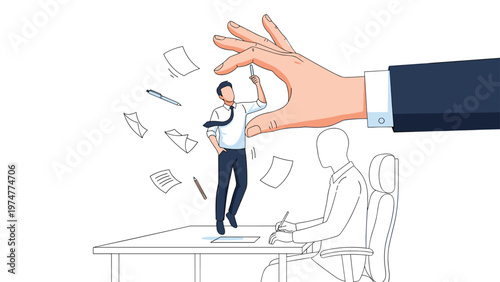 Conceptual illustration showing a giant corporate hand picking up a small businessman from his desk amid flying papers.