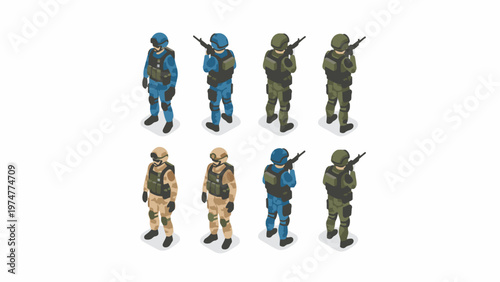 Isometric military soldiers set in tactical camouflage uniforms
