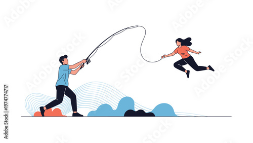 Surreal concept of a man using a fishing rod to catch a flying woman over a stylized abstract blue and orange landscape.