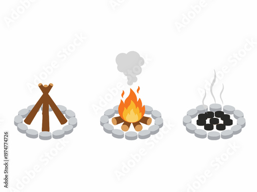 Campfire sequence stages with logs burning fire and charcoal
