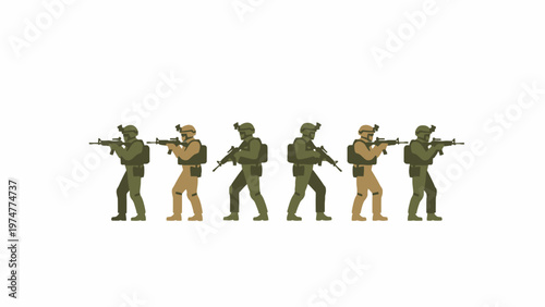Military soldier silhouettes walking with rifles in tactical gear