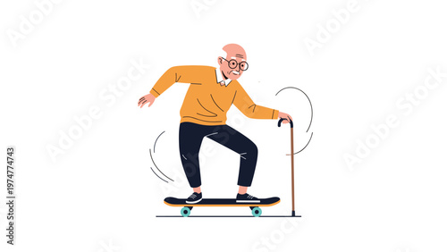 Energetic elderly man in glasses and a yellow sweater skillfully riding a skateboard while using his wooden walking cane.