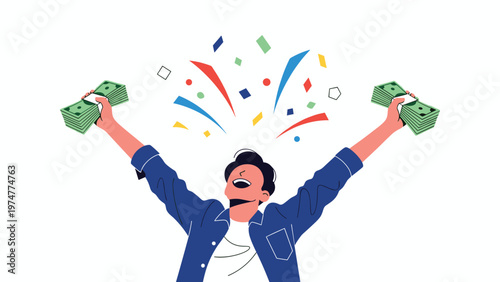 Joyful man in a blue shirt celebrating his financial success while holding stacks of money under a shower of confetti.