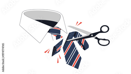 Sharp scissors in action cutting through a formal striped necktie placed over a white shirt collar in a clean setting.
