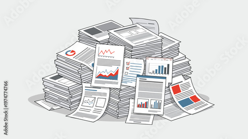Enormous and messy pile of business paperwork, charts, and graphs indicating an overwhelming workload and bureaucracy.