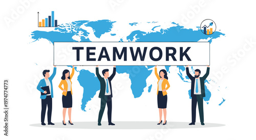 Team of professional business people holds up a large teamwork banner in front of a blue world map in a flat office style.
