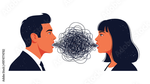 Couple facing each other while their verbal communication turns into a tangled mess of black lines in the center.