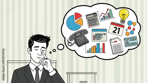 Stressed businessman at his office desk closing his eyes and thinking about a variety of work tasks and deadlines.