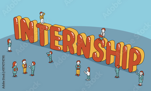 インターンシップ　文字の周りに集まる人々のイラスト