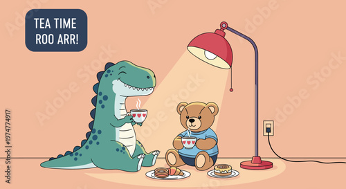 Green dinosaur and a cute brown teddy bear sit together and enjoy a warm cup of tea under a red floor lamp at home.