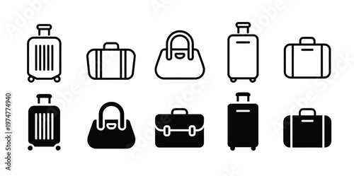 Luggage icon set suitcase handbag trolley briefcase travel bag solid black silhouette tourism design