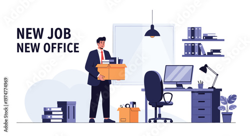 Professional businessman carries a box of his belongings while moving into a new modern office space to start a new job.