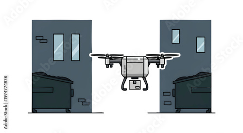 Drone flying between two buildings in a cityscape
