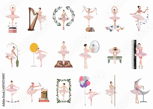 Set of 18 Elegant Ballerina Illustrations in Pink Tutus with Various Props Including Musical Instruments, Flowers, and Whimsical Elements.