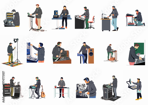 A set of flat vector illustrations featuring various sound engineers, music producers, and DJs operating professional audio mixing equipment and recording studio hardware.