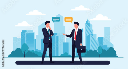 Two professional businessmen in suits discuss important ideas while standing in front of a modern city skyline.