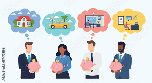 Group of diverse people holds piggy banks while thinking about their future dreams like a new house or a luxury car.