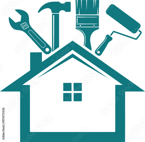 House icon with tools for construction and renovation projects.