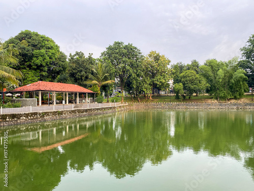 Calm urban pond with green water reflecting lush trees under a cloudy sky. Peaceful city park landscape for relaxation and nature.