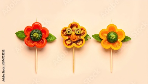 Creative food art shaped like flowers on sticks for parties and events.