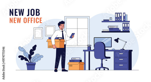 Excited businessman carrying a cardboard box of personal belongings into his new office to start a fresh career journey.