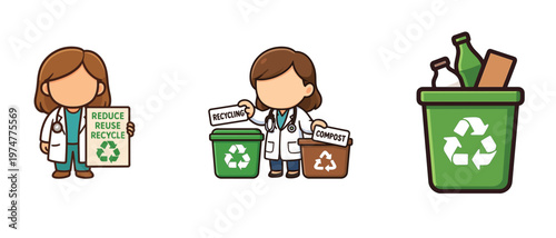 Medical professional promoting recycling and composting bins