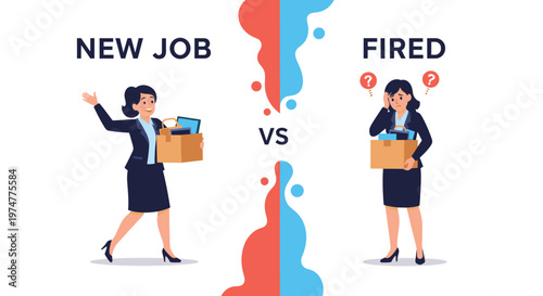 Comparative illustration of a happy woman starting a new job and a sad woman holding her belongings after being fired.