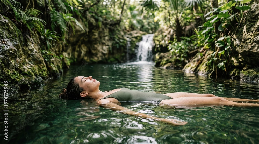 Fototapeta premium Woman Floating Relaxed in Tropical Waterfall Pool
