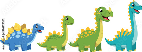 Cute Cartoon Long Neck Dinosaur Character Set with Colorful Brontosaurus and Diplodocus in Different Sizes for Kids Animation Design
