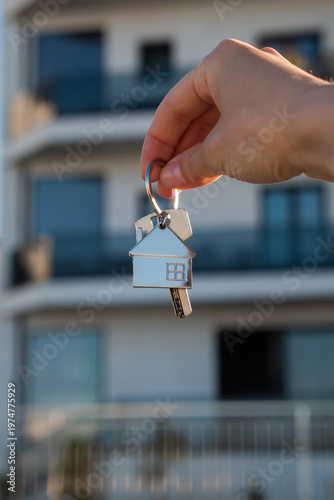 Quadro em tela Key with house charm held by hand, symbolizing property ownership and new home