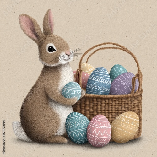 A detailed Easter-themed illustration featuring a soft brown and white rabbit holding a decorated Easter egg, sitting beside a woven basket filled with pastel-colored eggs 
