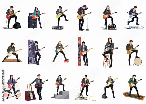 Set of eighteen flat vector illustrations featuring diverse rock and punk guitarists in various expressive poses with musical equipment on a white background.