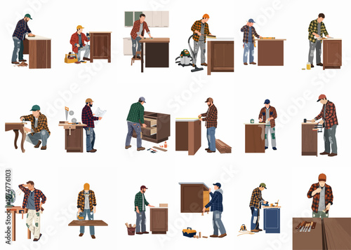 Flat vector illustrations of professional carpenters and cabinetmakers crafting, measuring, and finishing wooden furniture in various workshop scenes.