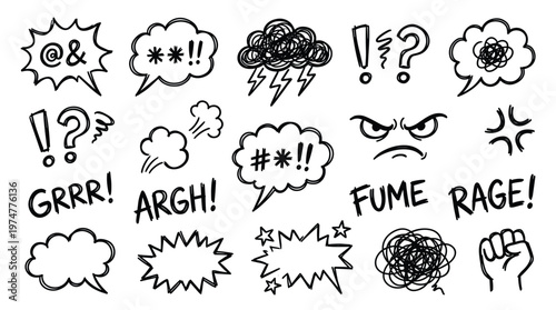 Collection of hand drawn comic style speech bubbles and symbols representing anger frustration and strong emotions with text and graphic elements