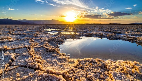 Golden hour sunset over cracked desert earth with reflective water pools.