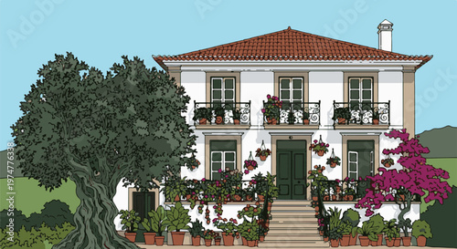 A charming house adorned with abundant plants and trees under a clear blue sky