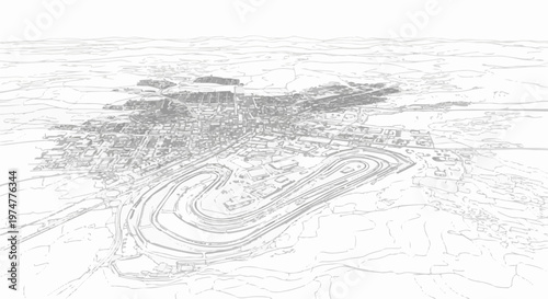 A black and white aerial sketch depicts a city with a winding road