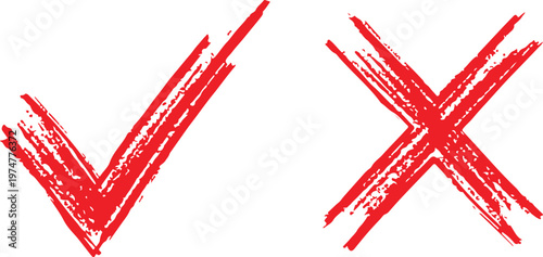 A pair of vibrant red, hand-drawn brush stroke icons featuring a tick and an X. Distressed, gritty ink texture on a white background for bold validation or error symbols.