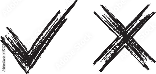 A pair of hand-drawn, distressed brush stroke icons featuring a check mark and an X. Gritty black ink texture on a white background for validation or error symbols.