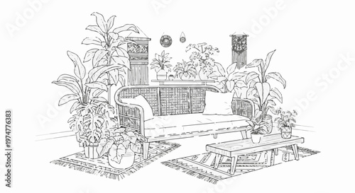 A sketch of a bohemian living room with a wicker sofa, plants, and rugs