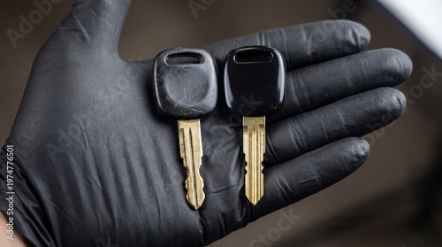 Locksmith holding two car keys in gloved hand. Comparison of worn and new metal key for vehicle ignition. Professional automotive repair service and key duplication for security.