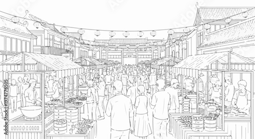 Bustling marketplace with stalls, people, and traditional architecture