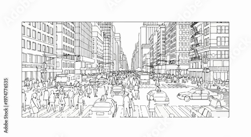 Busy city street with tall buildings, cars, and pedestrians